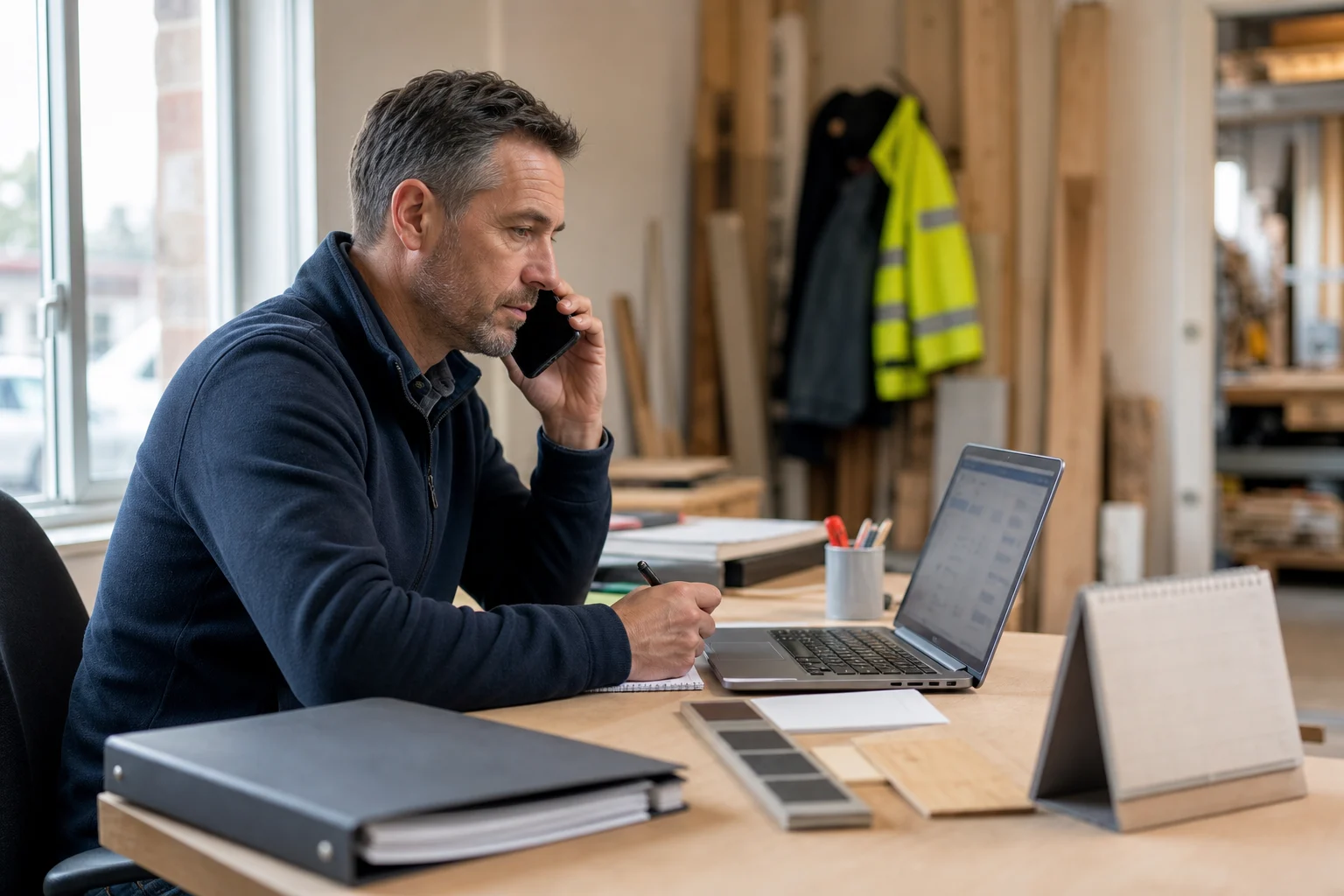 Illustrative photograph of a renovation project coordinator recording a customer follow-up during a phone call in a naturally lit workshop office