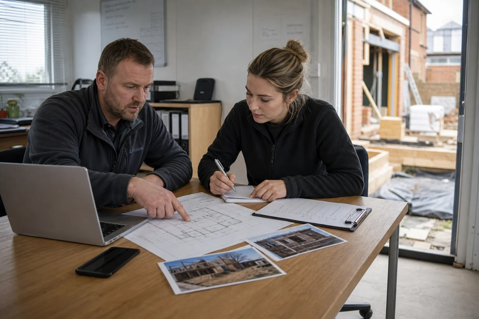 Illustrative photograph of a UK building company manager and administrator reviewing drawings, site photographs and an enquiry checklist before estimating.