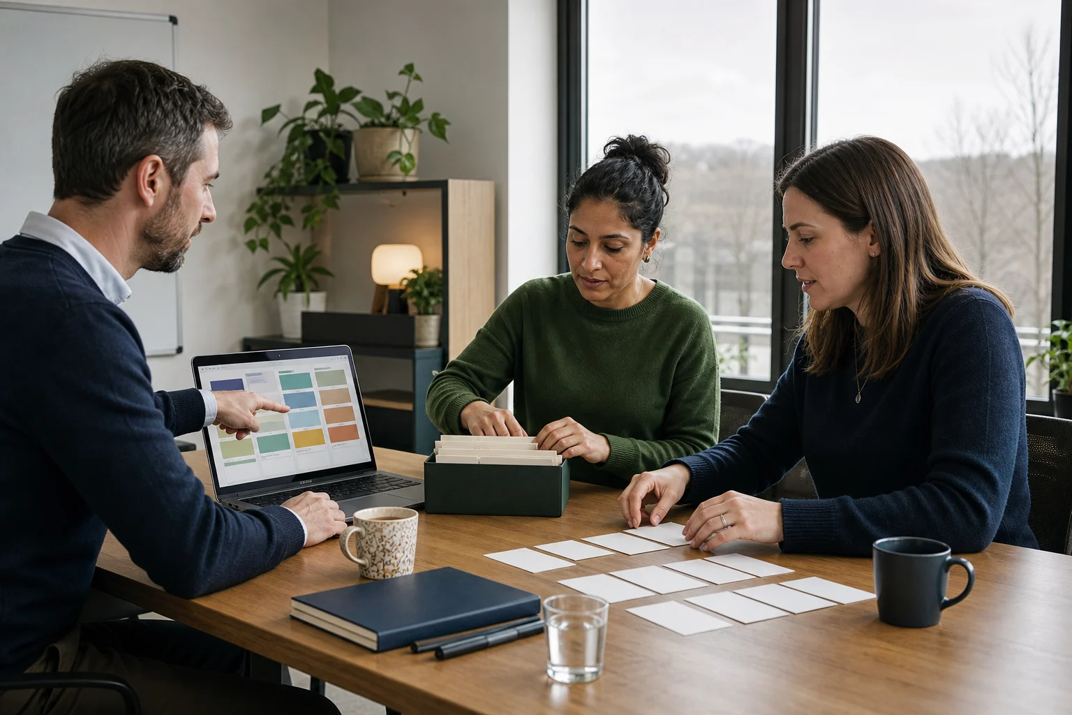 Illustrative photograph of three SaaS team members reviewing an evidence inventory and arranging implementation ownership cards in a UK office.