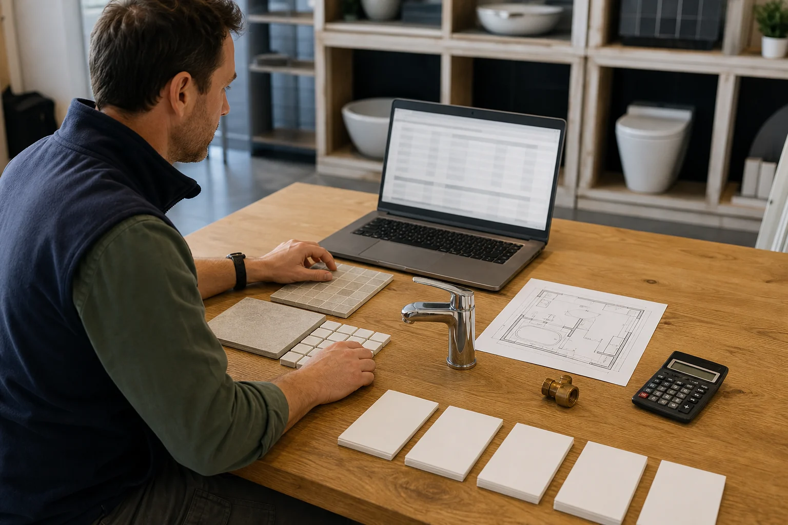 Illustrative photograph of a bathroom showroom estimator reviewing an itemised quotation beside tile samples, a tap, a floor plan and a calculator.
