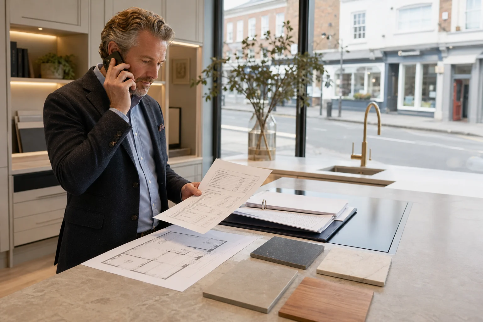 Illustrative photograph of a kitchen showroom consultant making a follow-up call while reviewing a quotation, floor plan and material samples.