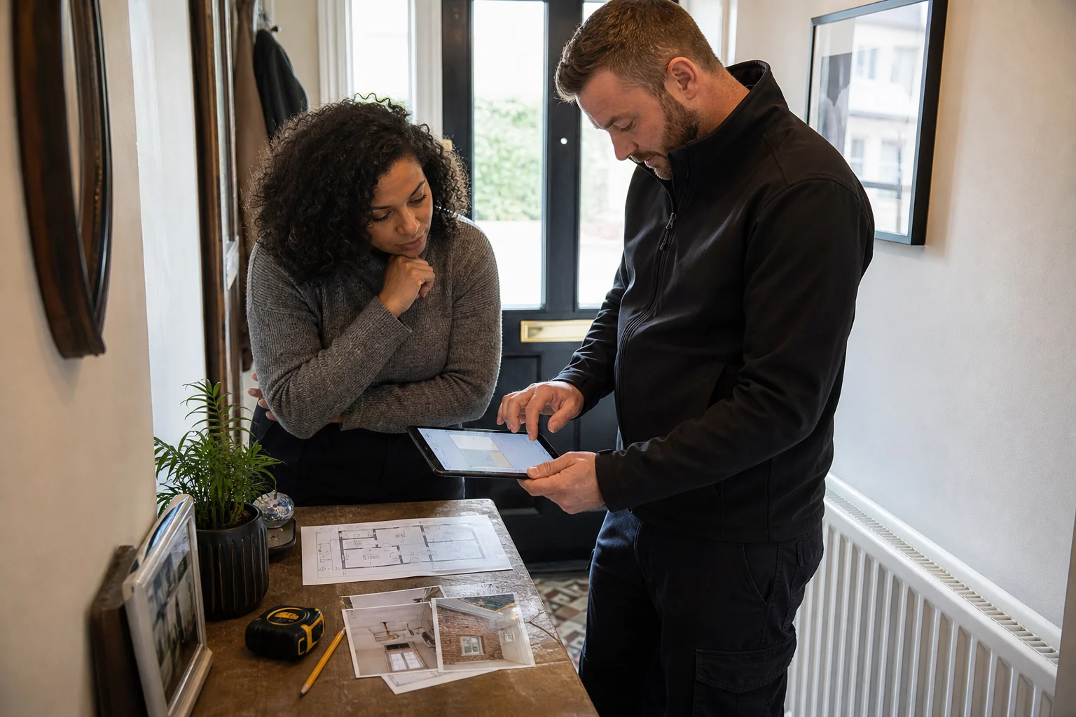 Illustrative photograph of two renovation professionals reviewing a project enquiry, floor plan and property photographs in a British hallway