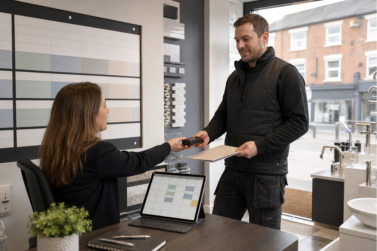 Illustrative photograph of a bathroom showroom coordinator handing survey equipment and a job folder to a surveyor beside a shared calendar.