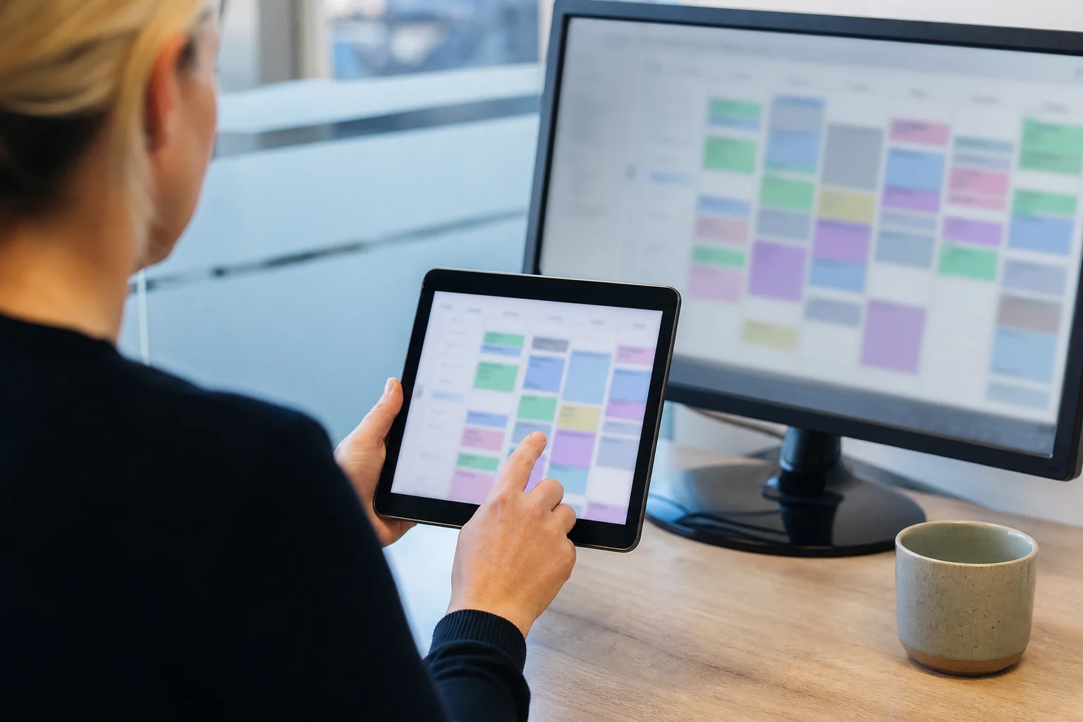 Illustrative photograph of a practice manager comparing a tablet booking calendar with the appointment diary on a desktop screen.