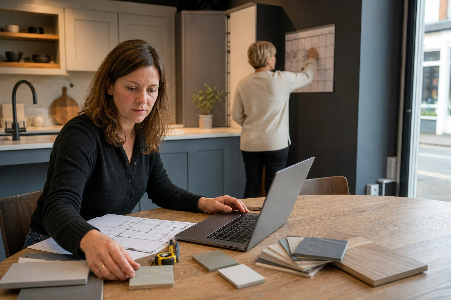 Illustrative photograph of two kitchen showroom staff preparing design consultation materials and reviewing an appointment schedule.