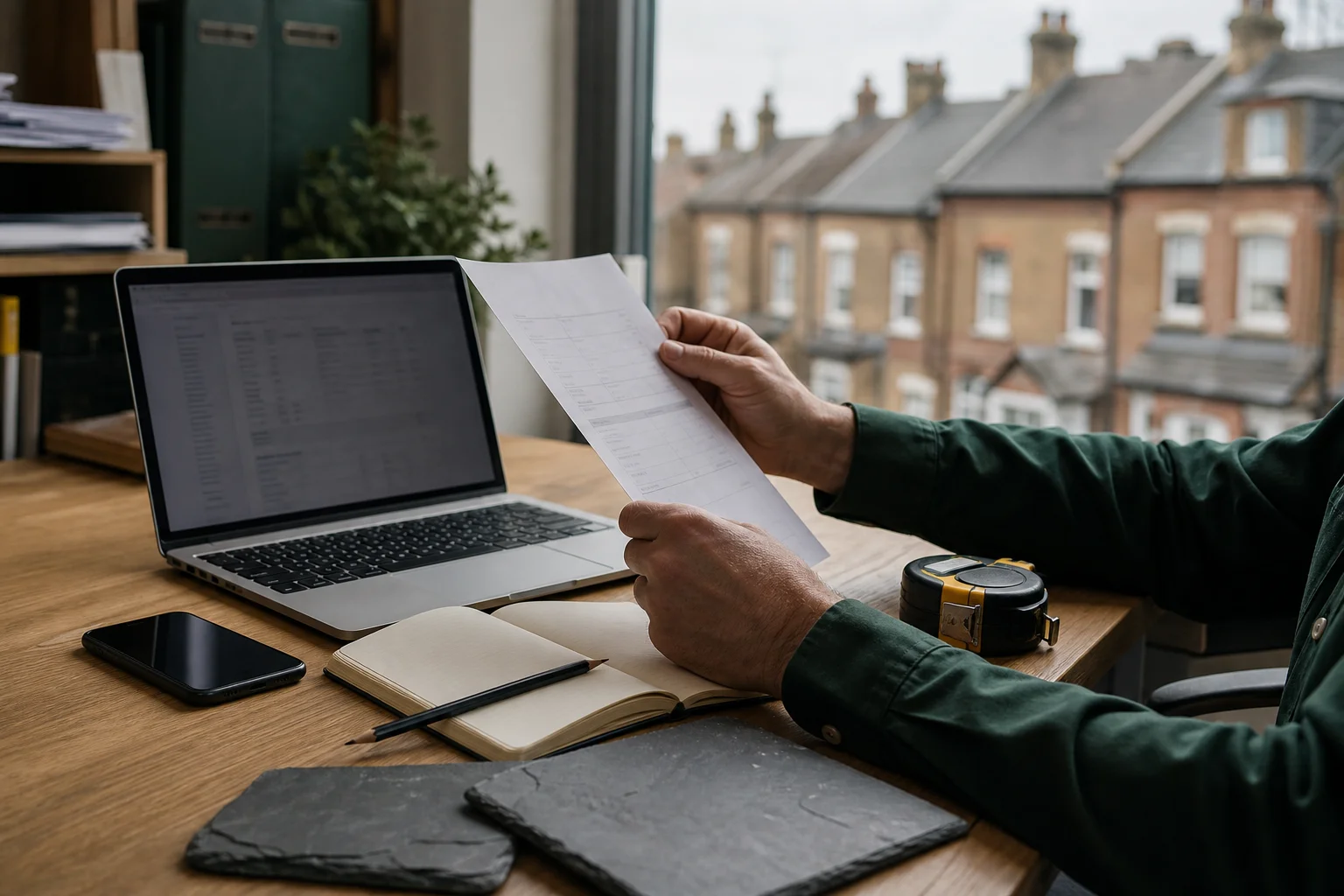 Illustrative photograph of a roofing business owner reviewing a quote beside a laptop, phone and slate samples.