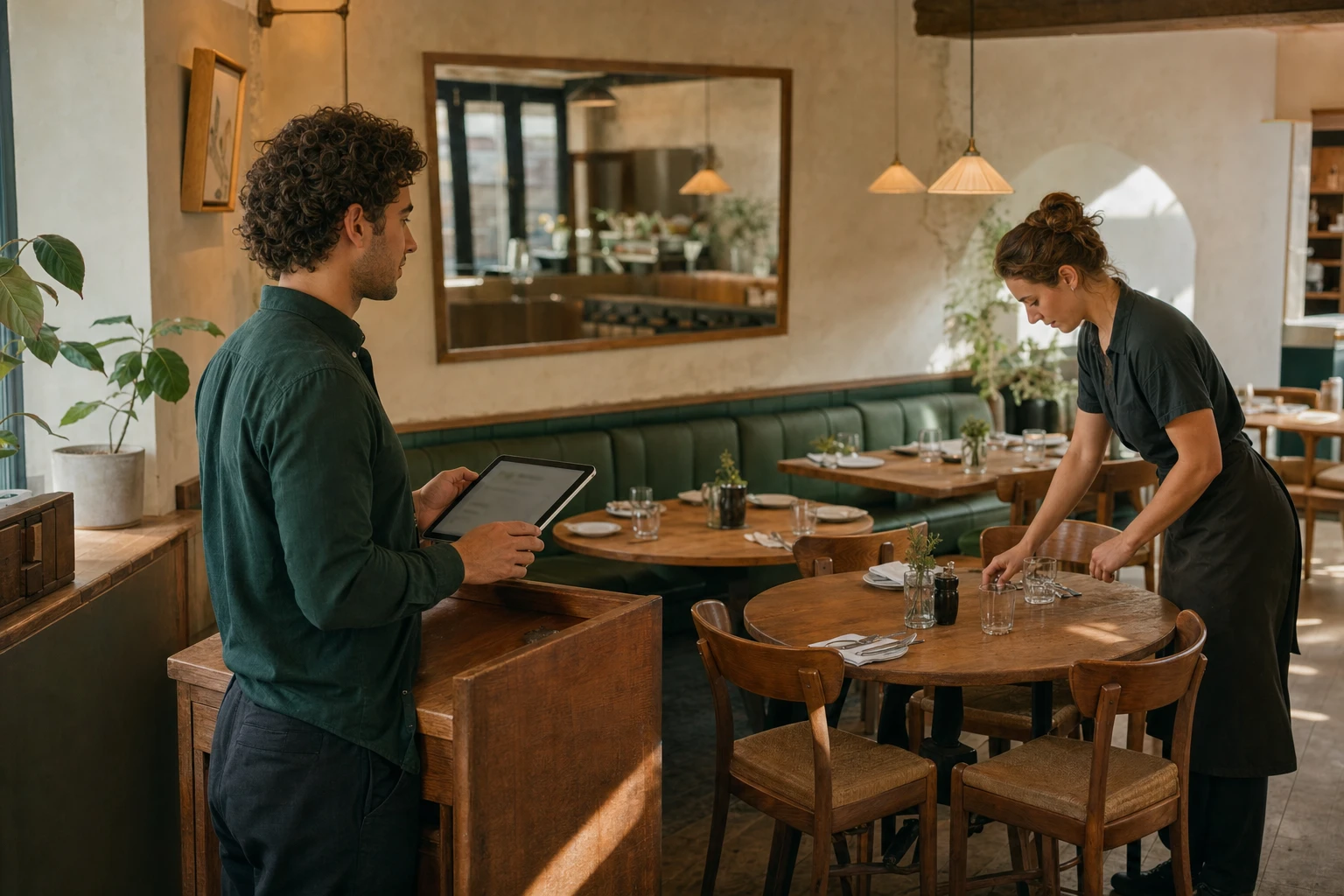 Illustrative scene of a restaurant host reviewing a booking while a colleague prepares the dining room.