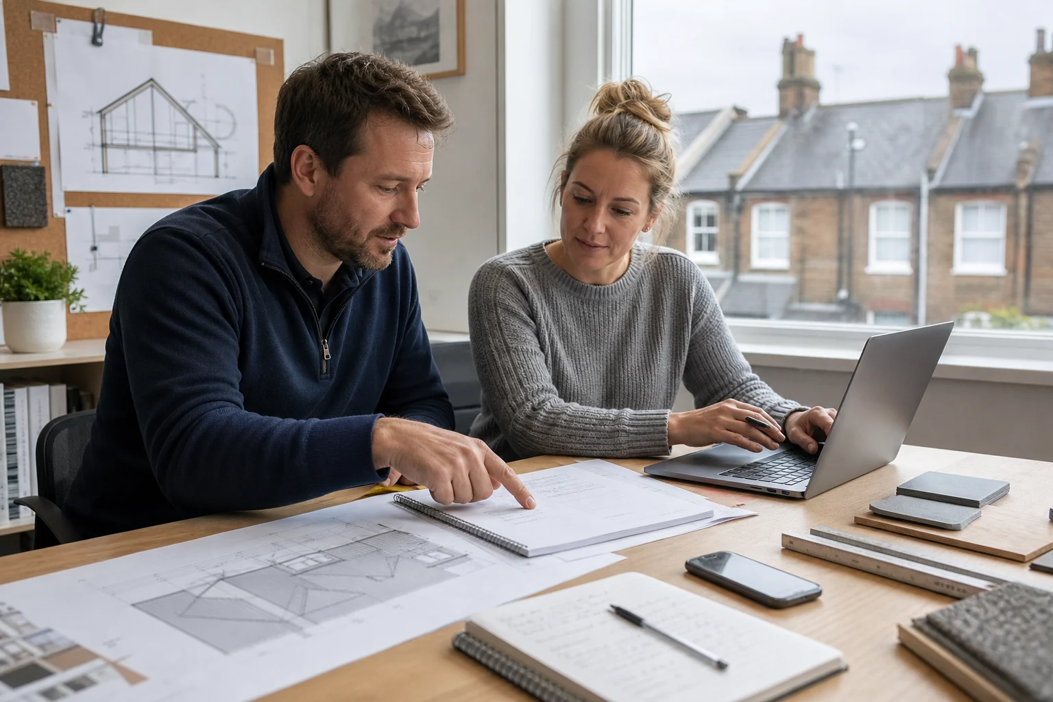 Illustrative photograph of a loft conversion estimator and survey coordinator reviewing a proposal and questions log in a UK office