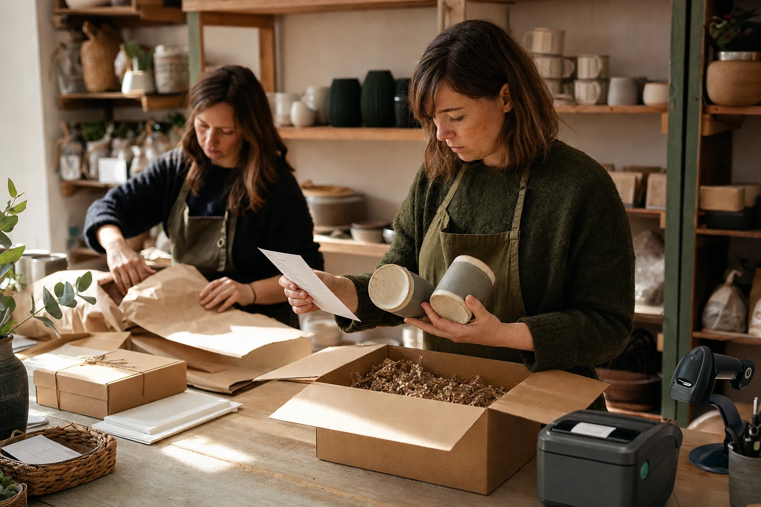 Illustrative scene of a small online retailer checking ceramic products and packing an order at a dispatch bench.