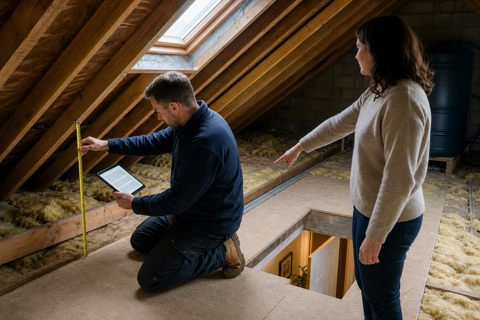 Illustrative photograph of a loft survey coordinator measuring roof timbers while a homeowner indicates the proposed stair area
