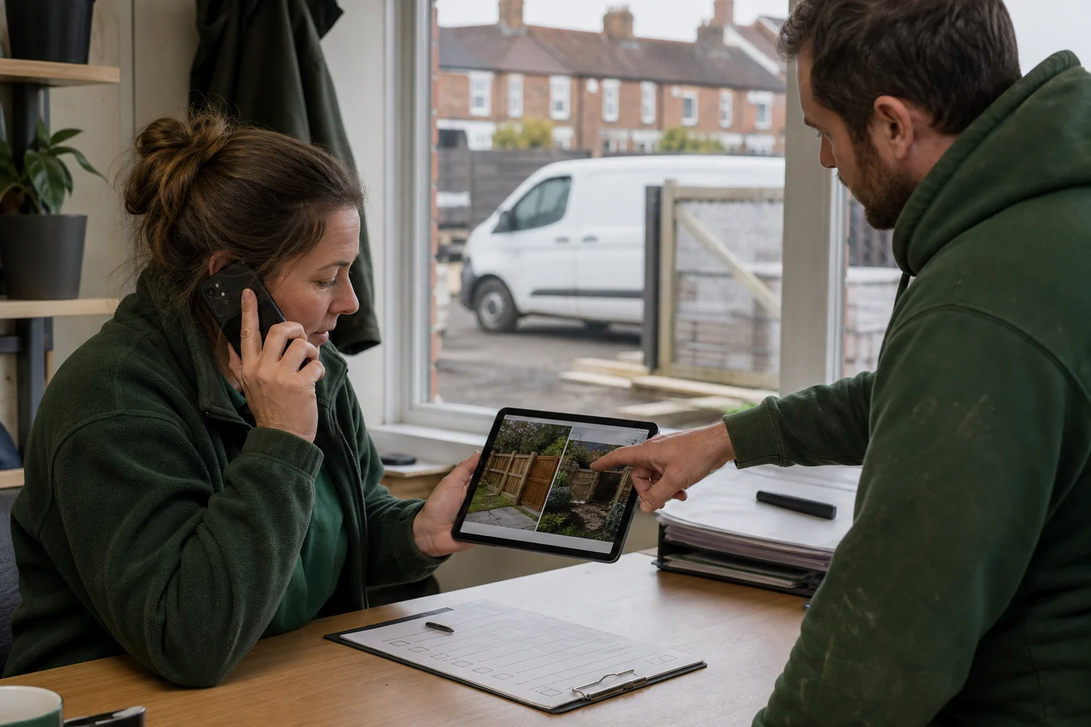 Illustrative photograph of a UK landscaping coordinator taking an enquiry call while reviewing garden access photos and an intake checklist with a colleague.