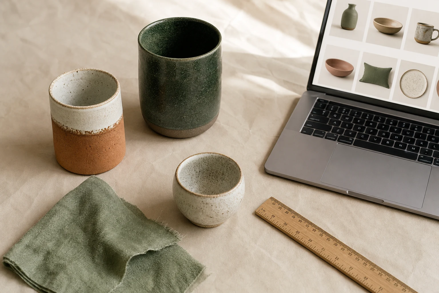 AI-generated editorial still life of ceramic mugs, a linen swatch and a laptop displaying a homeware product collection.