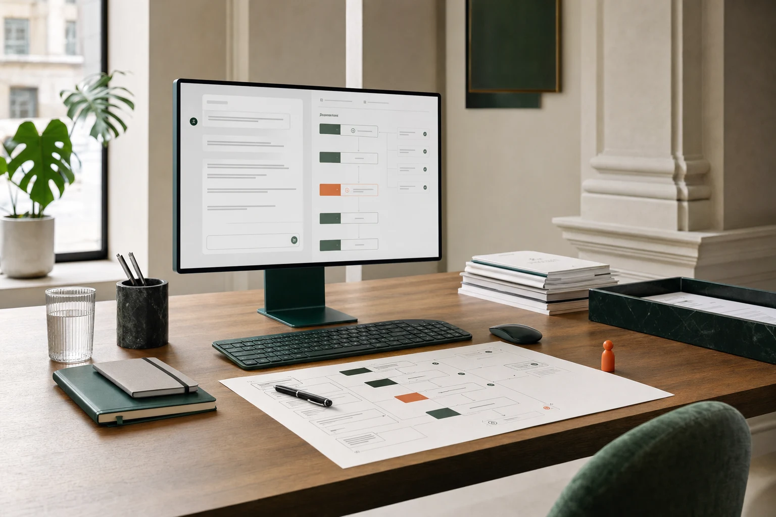 Practical AI workspace showing a conversational assistant, structured automation flow and a visible human review checkpoint.
