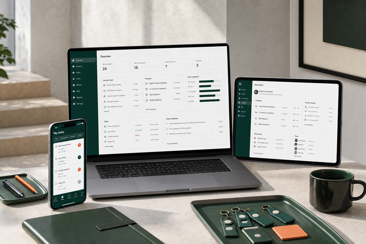Custom business platform shown across laptop, tablet and mobile screens with customer, project and team workflows.
