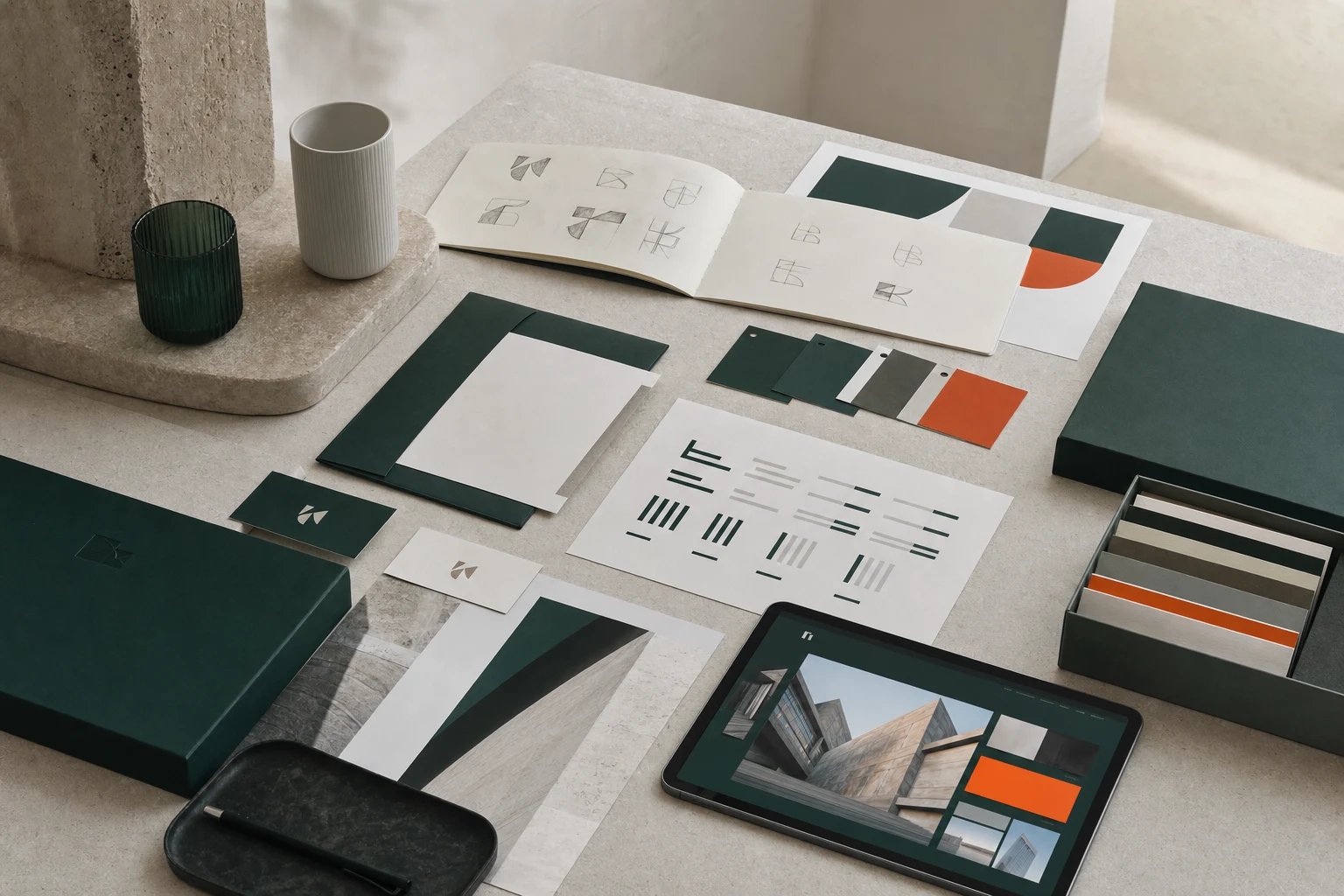 Brand identity development table with logo sketches, typography studies, colour samples, stationery and a digital application.