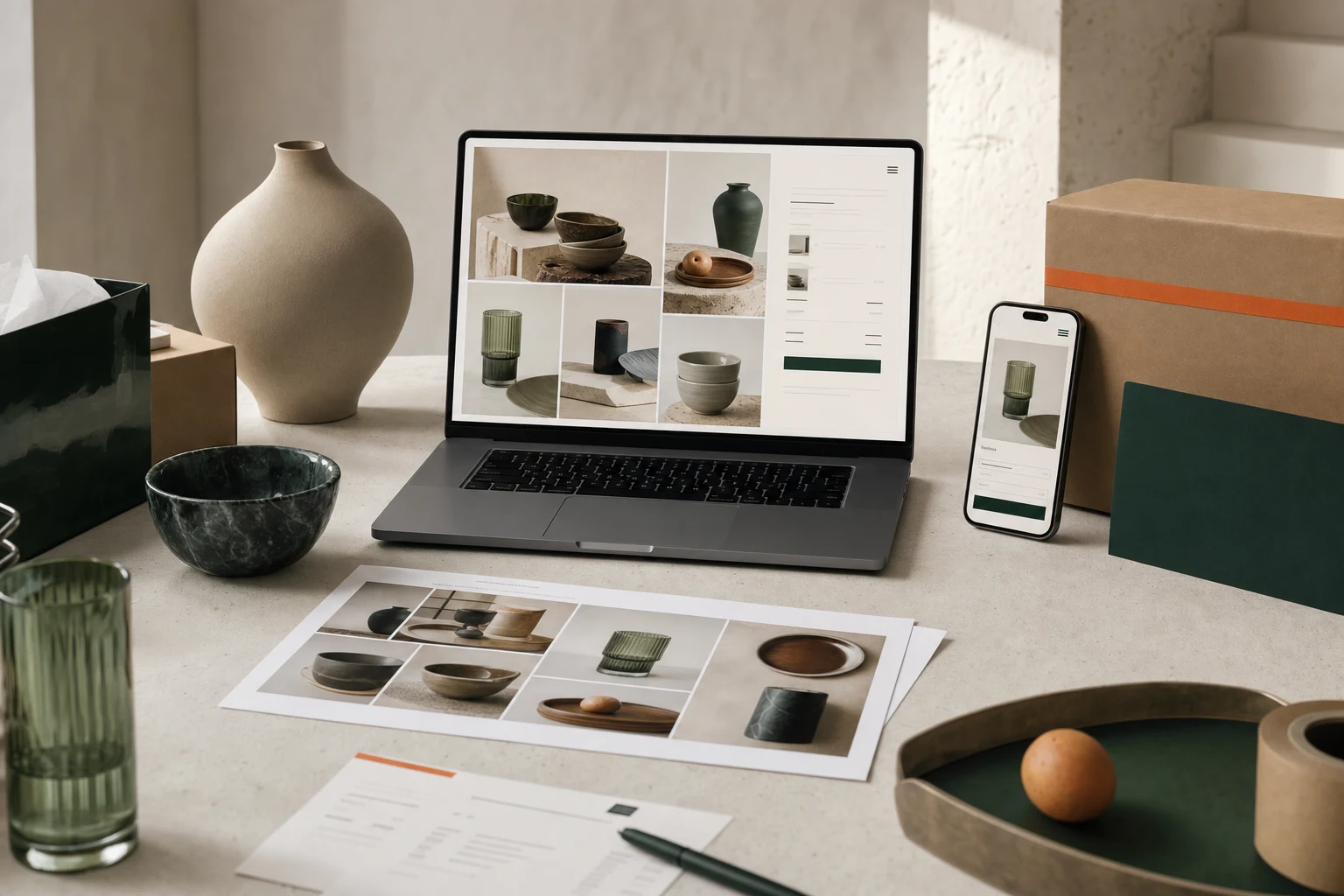 eCommerce workspace with a refined product catalogue on a laptop, mobile checkout and coordinated product photography.