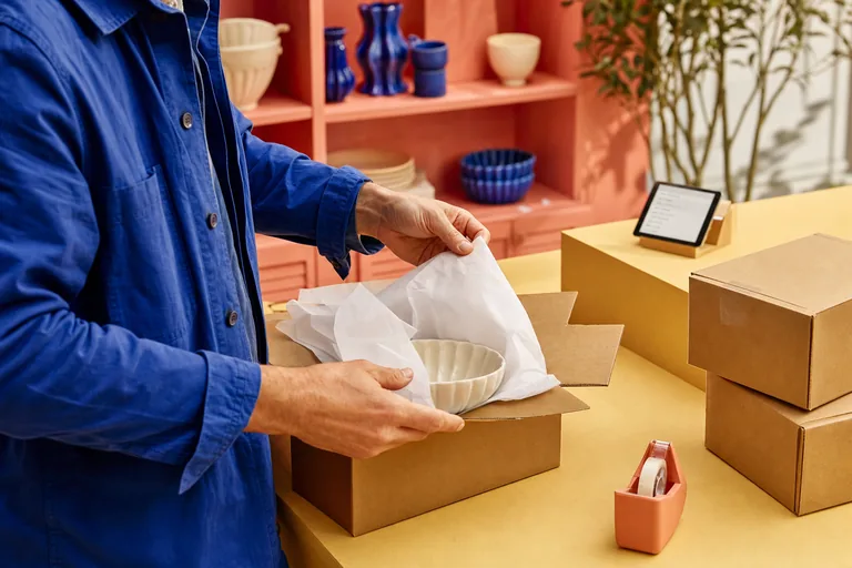 Illustrative scene of a homeware shop team member wrapping a ceramic order in tissue paper beside labelled parcels and a tablet.