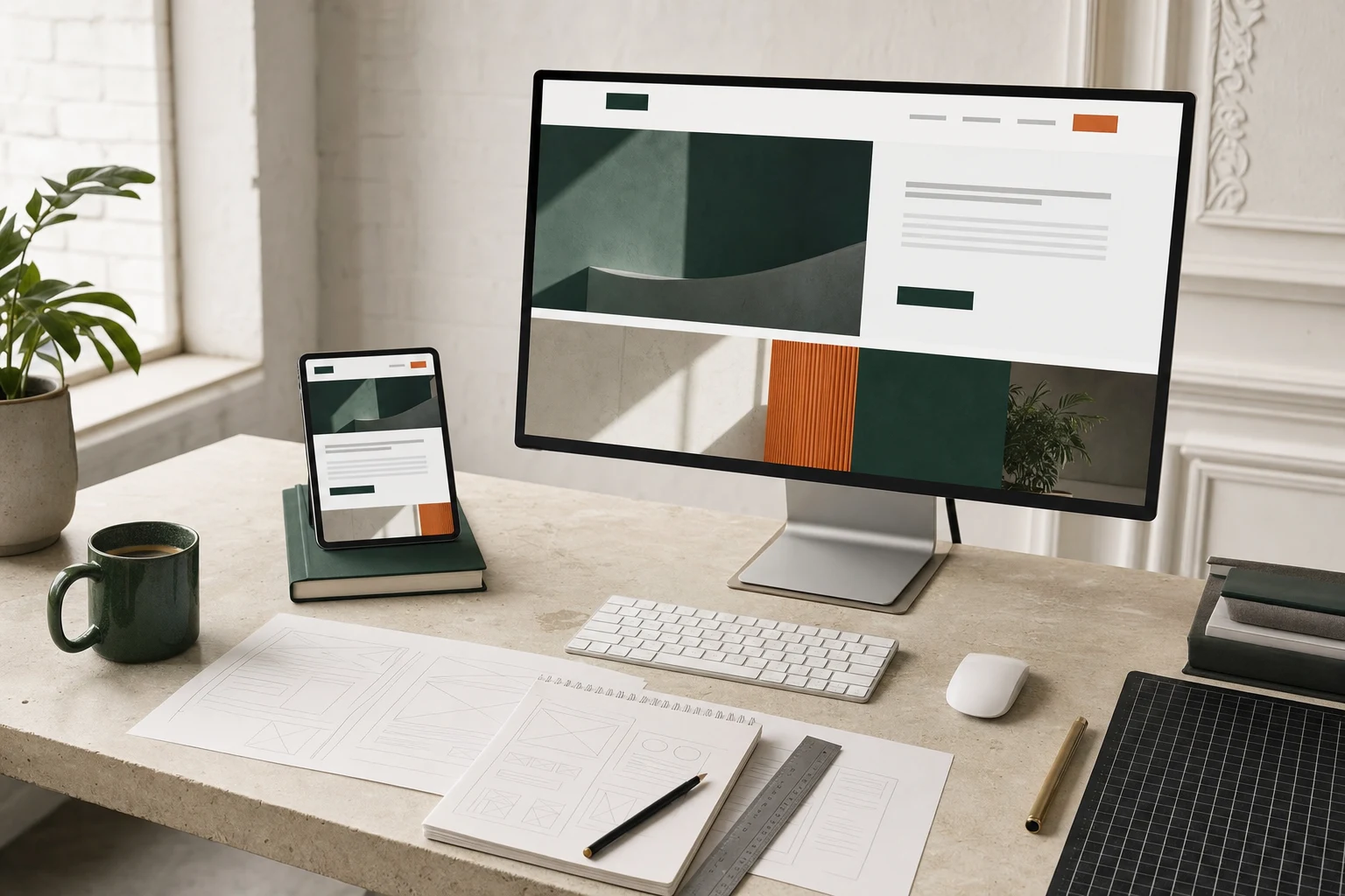 Web design workspace with a responsive website displayed on a desktop monitor and tablet beside wireframe sketches.