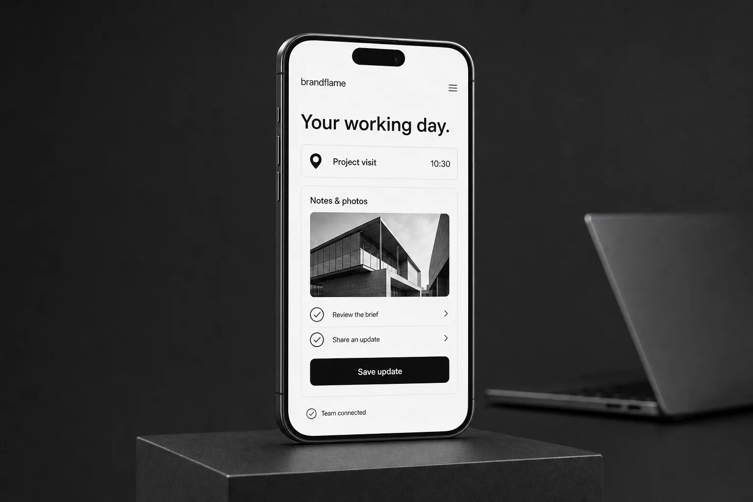 Illustrative BrandFlame mobile app on a modern iPhone, showing a project visit, photo notes, a checklist and an update shared with the team.