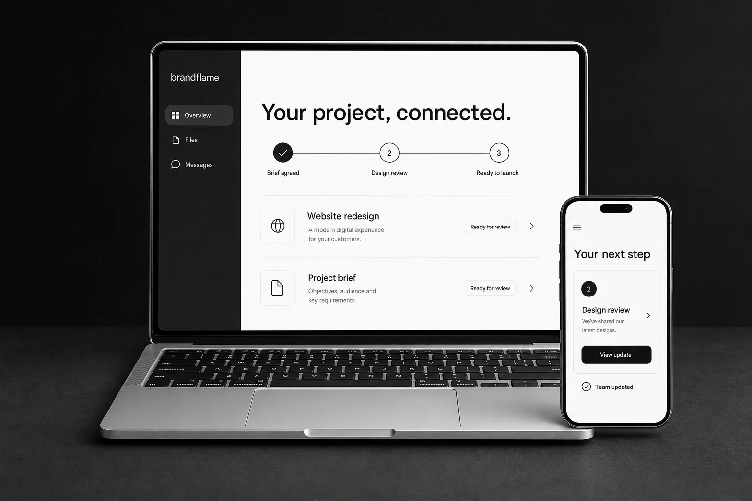 Illustrative BrandFlame customer portal on a silver laptop and iPhone, showing a shared project timeline, documents awaiting review and the customer's next step.