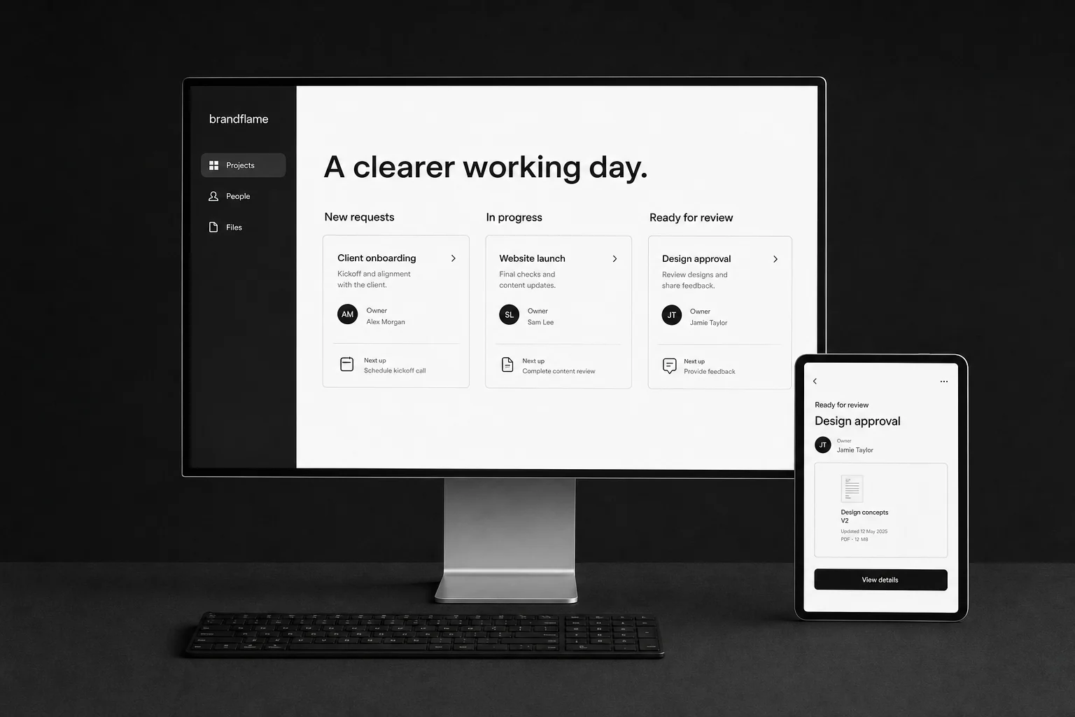 Illustrative BrandFlame team workspace on a desktop monitor and tablet, with new requests, work in progress and design approvals assigned to team members.