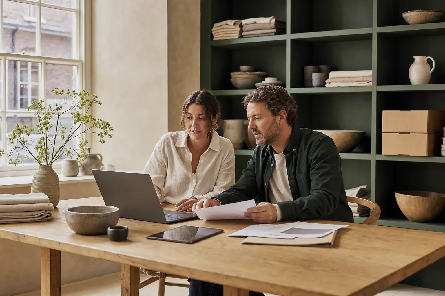 Two colleagues reviewing orders on a laptop at an oak worktable in a homeware business, with green shelving and linen products.