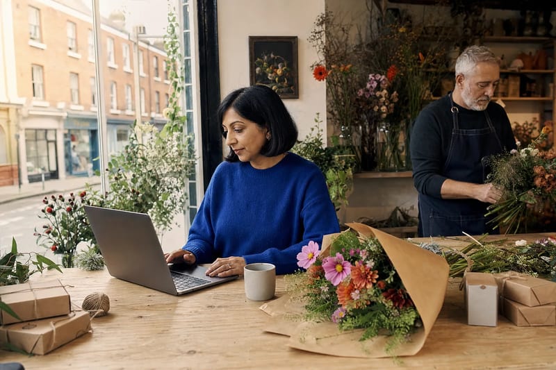 AI-generated illustrative scene of an independent UK florist handling customer enquiries on a laptop while a colleague prepares flowers.