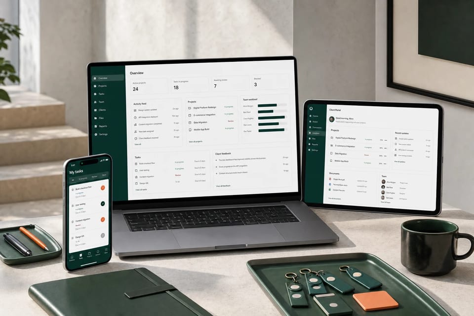 Illustrative BrandFlame service concept: Custom business platform shown across laptop, tablet and mobile screens with customer, project and team workflows.